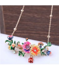 Oil-spot Glazed Prosperous Flowers Western Fashion Women Bib Necklace - Blue