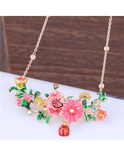 Oil-spot Glazed Prosperous Flowers Western Fashion Women Bib Necklace - Pink