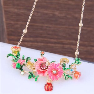 Oil-spot Glazed Prosperous Flowers Western Fashion Women Bib Necklace - Pink