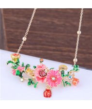 Oil-spot Glazed Prosperous Flowers Western Fashion Women Bib Necklace - Pink