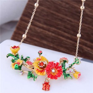 Oil-spot Glazed Prosperous Flowers Western Fashion Women Bib Necklace - Yellow