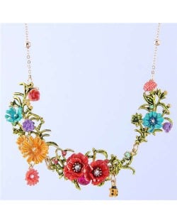 Ladybug and Flowers Vintage Fashion Western Fashion Women Statement Necklace - Yellow