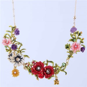 Ladybug and Flowers Vintage Fashion Western Fashion Women Statement Necklace - White