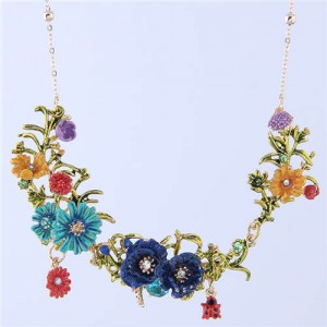 Ladybug and Flowers Vintage Fashion Western Fashion Women Statement Necklace - Blue