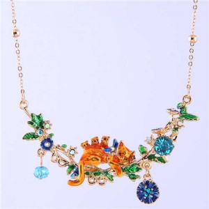 Cat and Flowers Oil-spot Glazed Western Fashion Women Bib Statement Necklace - Yellow