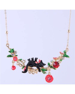 Cat and Flowers Oil-spot Glazed Western Fashion Women Bib Statement Necklace - Black