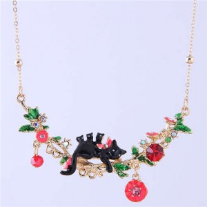 Cat and Flowers Oil-spot Glazed Western Fashion Women Bib Statement Necklace - Black