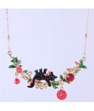 Cat and Flowers Oil-spot Glazed Western Fashion Women Bib Statement Necklace - Black