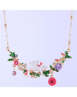 Cat and Flowers Oil-spot Glazed Western Fashion Women Bib Statement Necklace - White