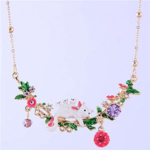 Cat and Flowers Oil-spot Glazed Western Fashion Women Bib Statement Necklace - White