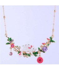 Cat and Flowers Oil-spot Glazed Western Fashion Women Bib Statement Necklace - White
