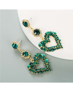 Glass Gems Embellished Heart Design Super Shining Fashion Women Earrings - Green