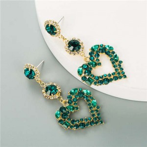 Glass Gems Embellished Heart Design Super Shining Fashion Women Earrings - Green