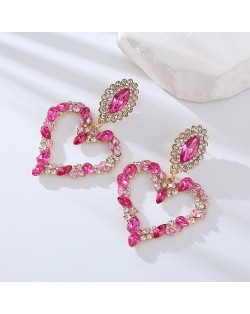 Glass Gems Embellished Heart Design Super Shining Fashion Women Earrings - Pink