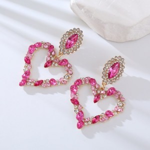 Glass Gems Embellished Heart Design Super Shining Fashion Women Earrings - Pink