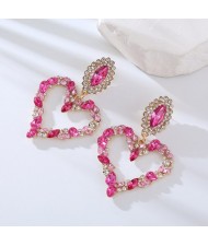 Glass Gems Embellished Heart Design Super Shining Fashion Women Earrings - Pink