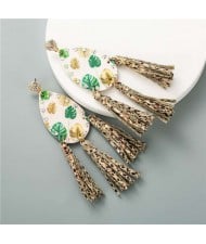 Leaves Waterdrop with Snake Skin Tassel Leather Texture High Fashion Women Statement Earrings