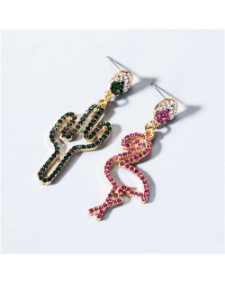 High Fashion Rhinestone Crane and Cactus Asymmetric Design Women Alloy Earrings