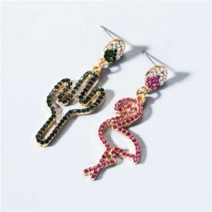 High Fashion Rhinestone Crane and Cactus Asymmetric Design Women Alloy Earrings