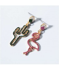 High Fashion Rhinestone Crane and Cactus Asymmetric Design Women Alloy Earrings