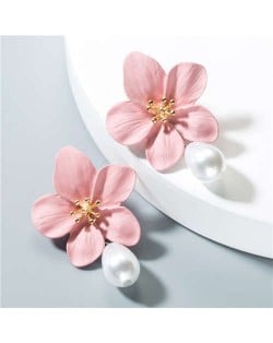 Artificial Pearl Bead Tassel Alloy Women Stud Earrings - Pink