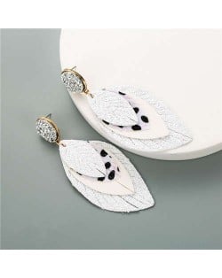 Multi-layer Leaves Bohemian Fashion Women Leather Texture Stud Earrings - White
