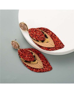 Multi-layer Leaves Bohemian Fashion Women Leather Texture Stud Earrings - Red