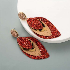 Multi-layer Leaves Bohemian Fashion Women Leather Texture Stud Earrings - Red