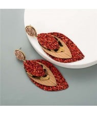 Multi-layer Leaves Bohemian Fashion Women Leather Texture Stud Earrings - Red