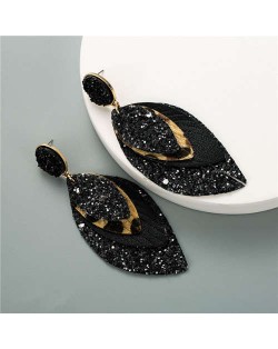 Multi-layer Leaves Bohemian Fashion Women Leather Texture Stud Earrings - Black