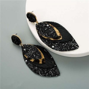 Multi-layer Leaves Bohemian Fashion Women Leather Texture Stud Earrings - Black