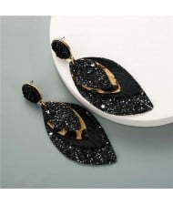 Multi-layer Leaves Bohemian Fashion Women Leather Texture Stud Earrings - Black