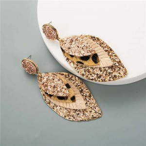 Multi-layer Leaves Bohemian Fashion Women Leather Texture Stud Earrings - Golden