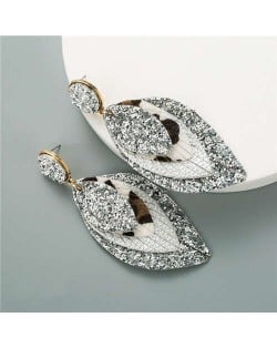 Multi-layer Leaves Bohemian Fashion Women Leather Texture Stud Earrings - Silver