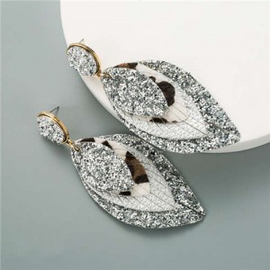 Multi-layer Leaves Bohemian Fashion Women Leather Texture Stud Earrings - Silver