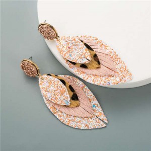 Multi-layer Leaves Bohemian Fashion Women Leather Texture Stud Earrings - Champagne