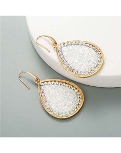 Shining Sequins Rimmed Stones Embellished Waterdrop Graceful Women Costume Earrings - White