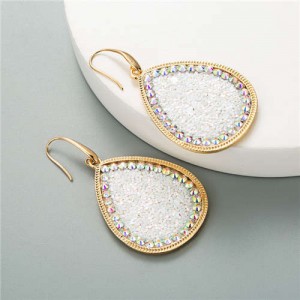 Shining Sequins Rimmed Stones Embellished Waterdrop Graceful Women Costume Earrings - White