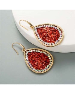 Shining Sequins Rimmed Stones Embellished Waterdrop Graceful Women Costume Earrings - Red