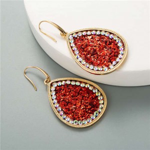 Shining Sequins Rimmed Stones Embellished Waterdrop Graceful Women Costume Earrings - Red