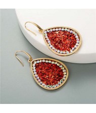 Shining Sequins Rimmed Stones Embellished Waterdrop Graceful Women Costume Earrings - Red