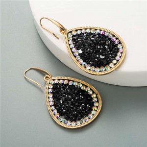 Shining Sequins Rimmed Stones Embellished Waterdrop Graceful Women Costume Earrings - Black
