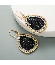 Shining Sequins Rimmed Stones Embellished Waterdrop Graceful Women Costume Earrings - Black