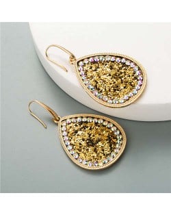 Shining Sequins Rimmed Stones Embellished Waterdrop Graceful Women Costume Earrings - Golden