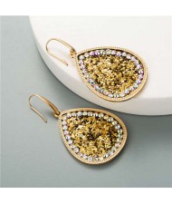 Shining Sequins Rimmed Stones Embellished Waterdrop Graceful Women Costume Earrings - Golden