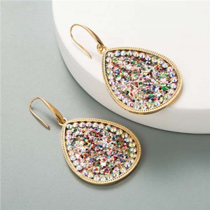 Shining Sequins Rimmed Stones Embellished Waterdrop Graceful Women Costume Earrings - Multicolor