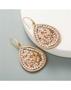 Shining Sequins Rimmed Stones Embellished Waterdrop Graceful Women Costume Earrings - Champagne