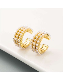 Rhinestone Embellished Creative C Type Women Fashion Earrings - Pearl