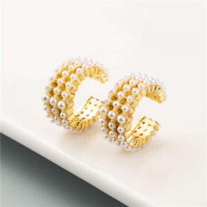 Rhinestone Embellished Creative C Type Women Fashion Earrings - Pearl
