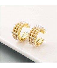 Rhinestone Embellished Creative C Type Women Fashion Earrings - Pearl